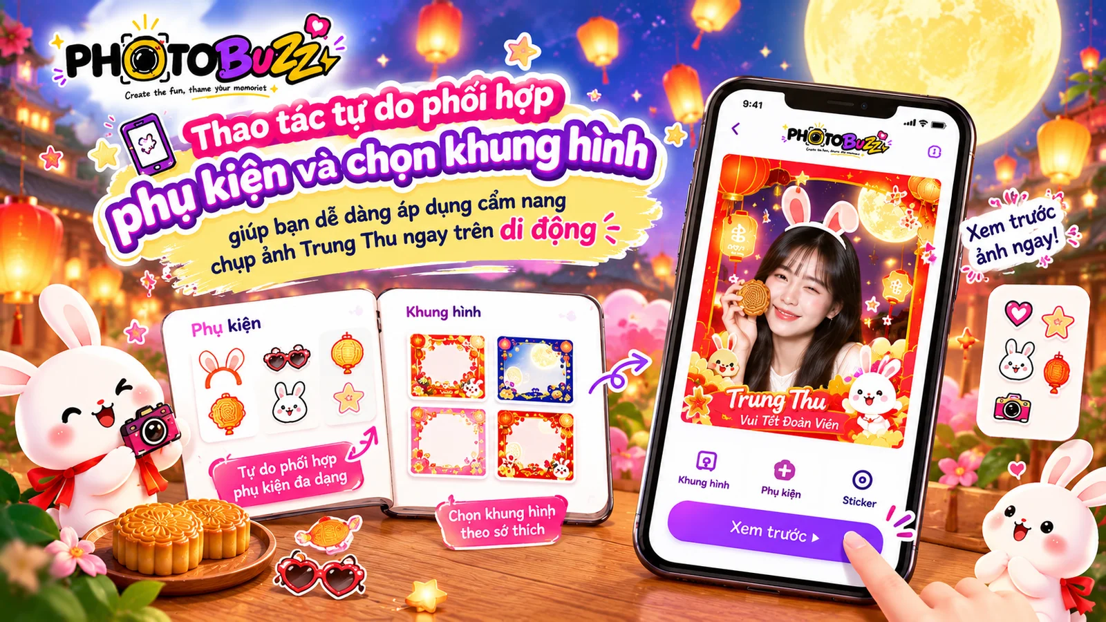 Thao tác tự do phối hợp phụ kiện và chọn khung hình giúp bạn dễ dàng áp dụng cẩm nang chụp ảnh trung thu ngay trên di động