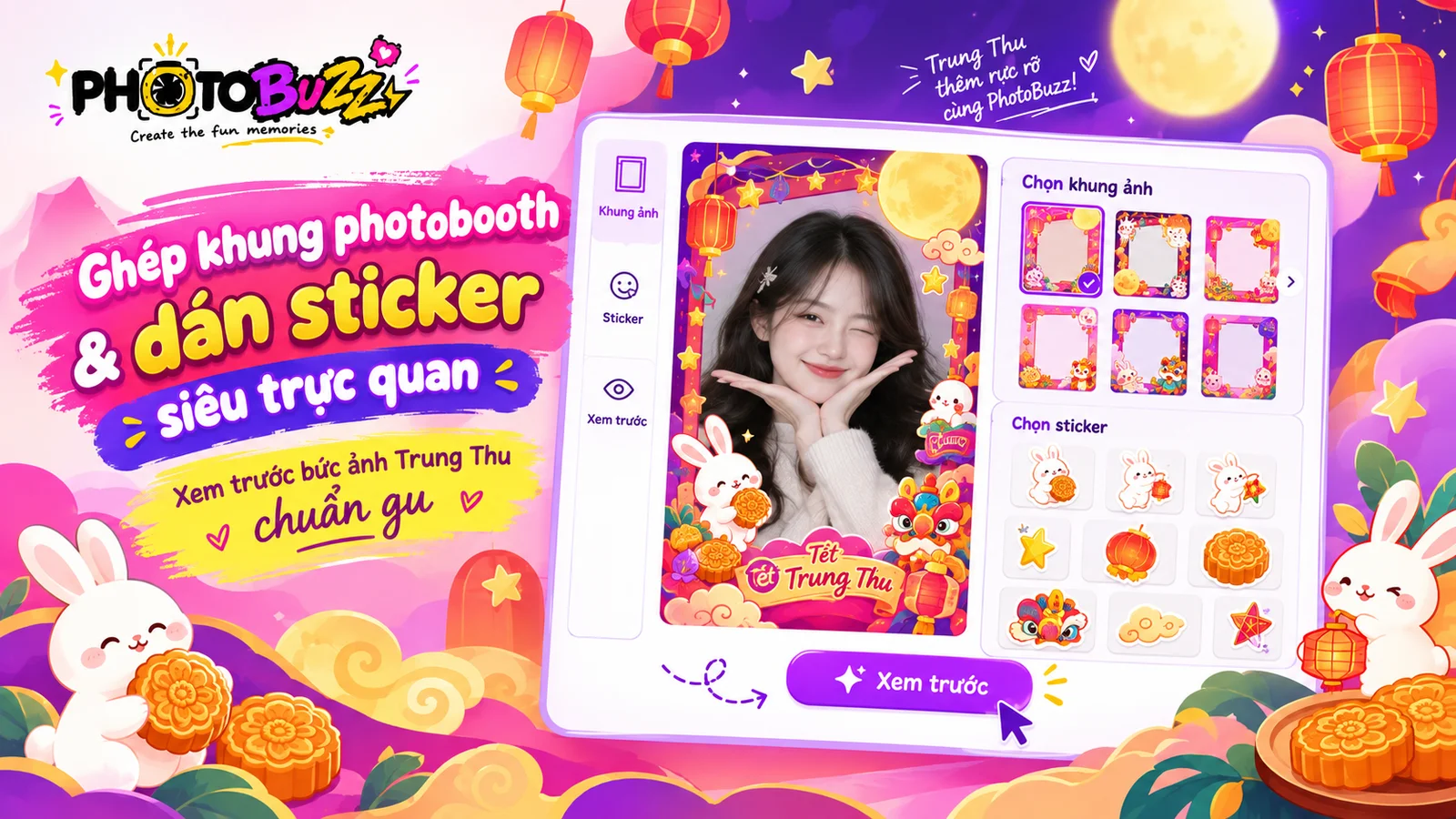 Ghép khung photobooth và dán sticker vô cùng trực quan, giúp bạn xem trước bức ảnh chụp trung thu chuẩn gu