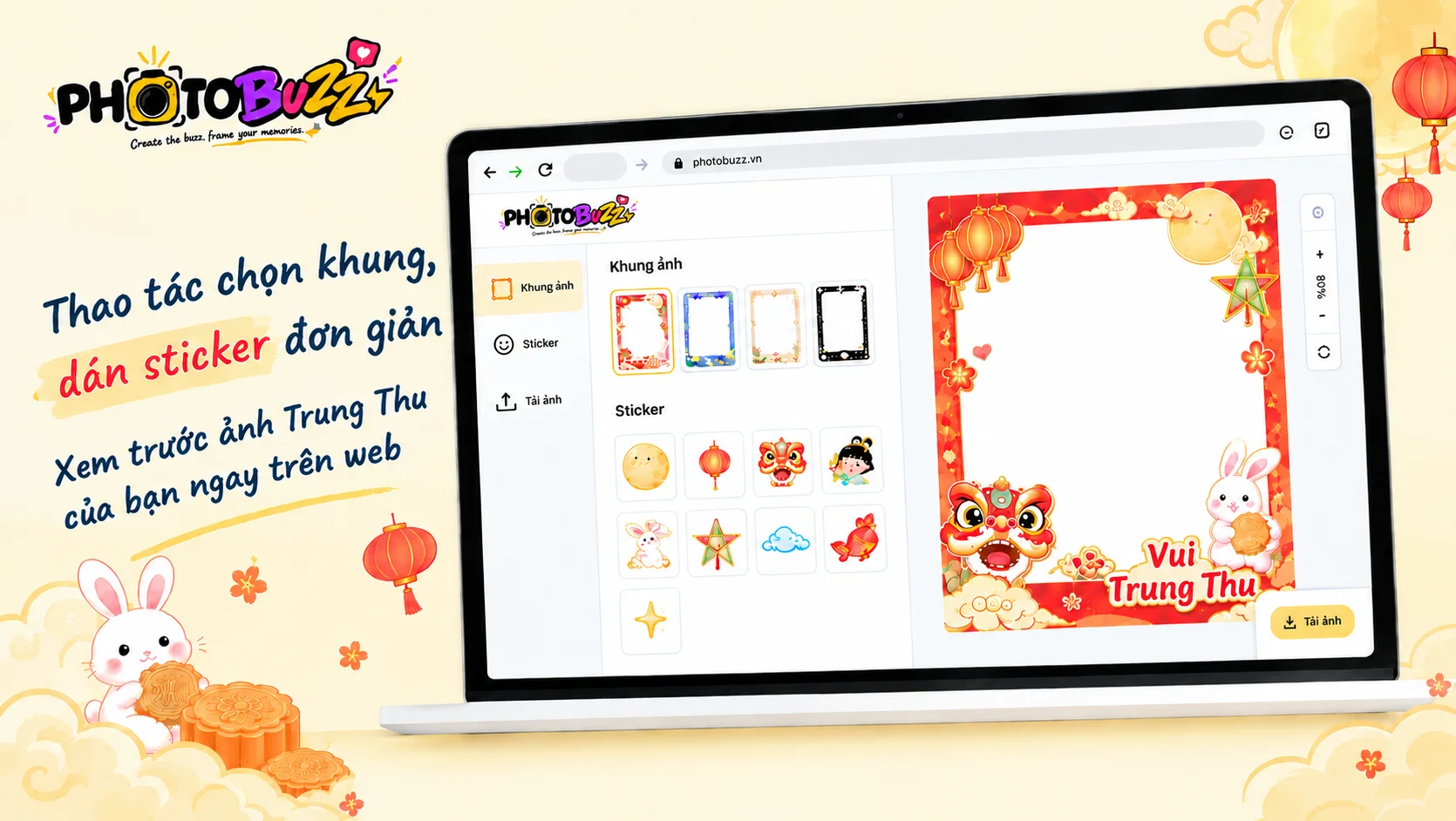 Tự chọn sticker và khung ảnh Trung Thu online trực quan ngay trên trình duyệt web